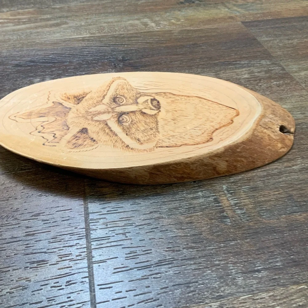 Raccoon wall sculpture burn etched wood slab plaque